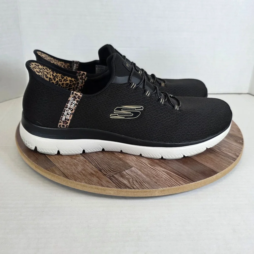 Skechers Slip-Ins Summits - Leopard Chic Sneakers Black Womens Size 11W 150275W